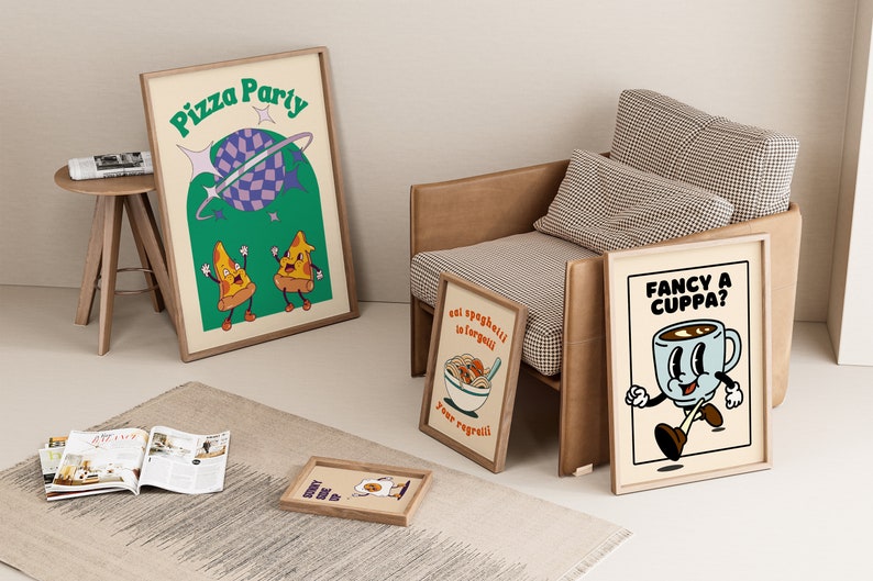May include: Several framed art prints with retro-style illustrations. One print says "Pizza Party" with pizza slice characters. Another says "Fancy a Cuppa?" with a coffee cup character. A third print says "eat spaghetti to forgetti your regretti".