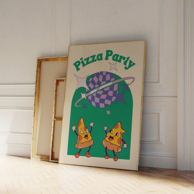 May include: A framed poster with the words "Pizza Party" in green. The poster features two cartoon pizza slices with smiling faces, a disco ball, and stars on a green background. The poster is leaning against a white wall.