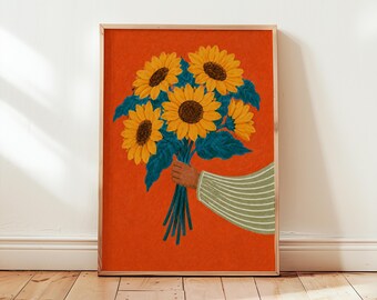 Sunflower Wall Art Print, Colourful Floral Poster, Orange Maximalist Illustration