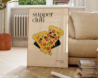 Impresión de pizza de dibujos animados, arte de pared imprimible para fiesta de pizza, club de cena de dibujos animados retro, arte de pared de cocina
