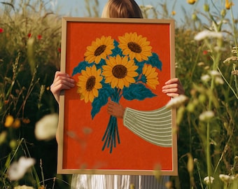 Sunflower Poster, Colourful Floral Wall Art Print, Orange Maximalist Illustration