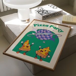 May include: A framed art print with a retro design. The print features the words "Pizza Party" above two cartoon pizza slices dancing in front of a green background with a disco ball and stars. The frame is made of wood.