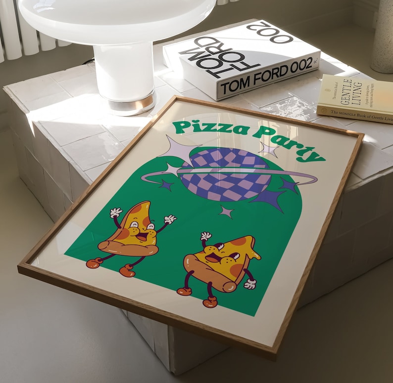 May include: A framed art print with a retro design. The print features the words "Pizza Party" above two cartoon pizza slices dancing in front of a green background with a disco ball and stars. The frame is made of wood.