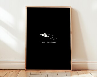 Ufo-Druck Schwarz-Weiß-Raumdekor Alien Raumschiff Poster Cosmic Trippy Wandkunst für Sci-Fi Fan Alien Entführung Einfache Linie Zeichnung Zitat