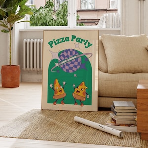 May include: A framed poster with the words "Pizza Party" in green, featuring a retro design with a checkered planet and two cartoon pizza slices. The poster has a beige background and is displayed in a living room setting.