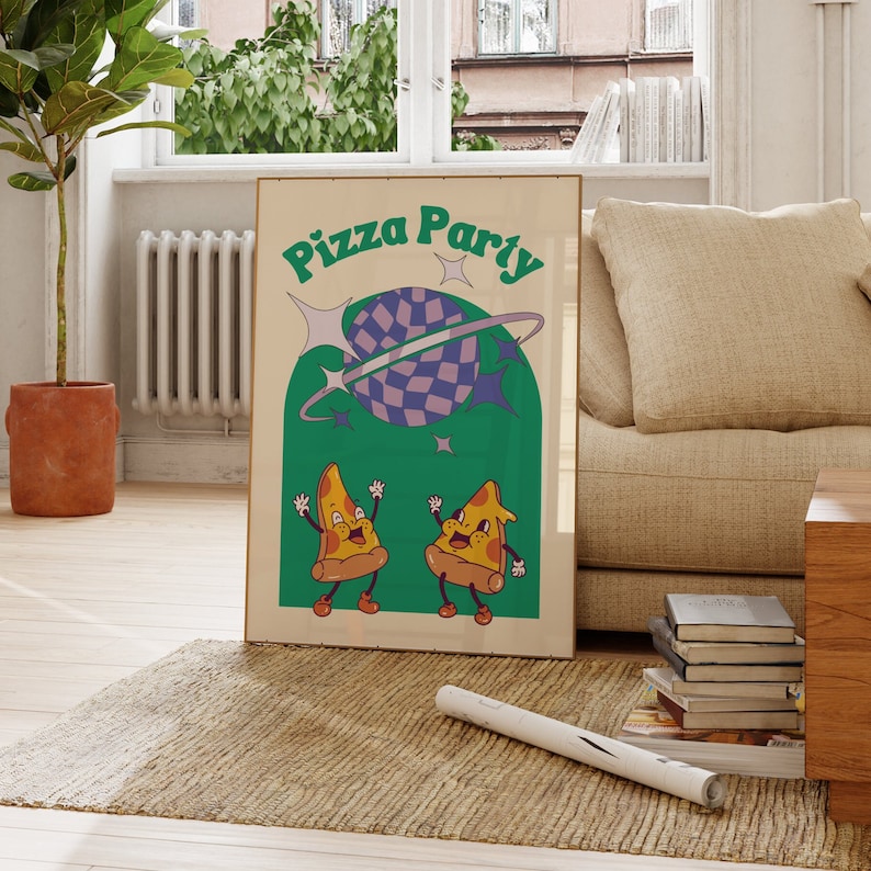 May include: A framed poster with the words "Pizza Party" in green, featuring a retro design with a checkered planet and two cartoon pizza slices. The poster has a beige background and is displayed in a living room setting.