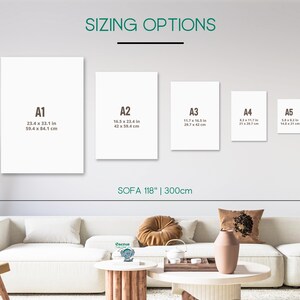 May include: A diagram showing different sizes of prints for a sofa that is 118 inches or 300 centimeters long. The sizes are labeled A1, A2, A3, A4, and A5 with their corresponding dimensions in inches and centimeters.