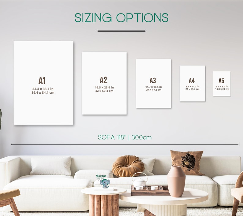 May include: A diagram showing different sizes of prints for a sofa that is 118 inches or 300 centimeters long. The sizes are labeled A1, A2, A3, A4, and A5 with their corresponding dimensions in inches and centimeters.
