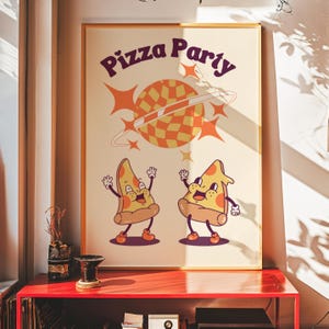 Arte de pizza peculiar, impressão de desenho animado retrô, decoração de cozinha legal, pôster de bola de discoteca, presente gastronômico, arte de parede fofa e nostálgica, arte de design maximalista divertida