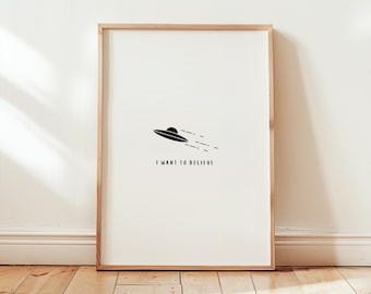 Ufo-Druck Schwarz-Weiß-Raumdekor Alien Raumschiff Poster Cosmic Trippy Wandkunst für Sci-Fi Fan Alien Entführung Einfache Linie Zeichnung Zitat