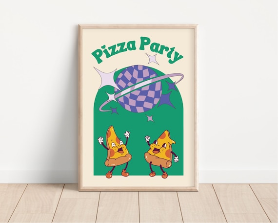 Pizza Poster, Pizza Art, Pizza Party Wall Art, Retro Cartoon Pizza Print, Cool Kitchen Decor, Pizza Night Sign, Pizza Party Favors