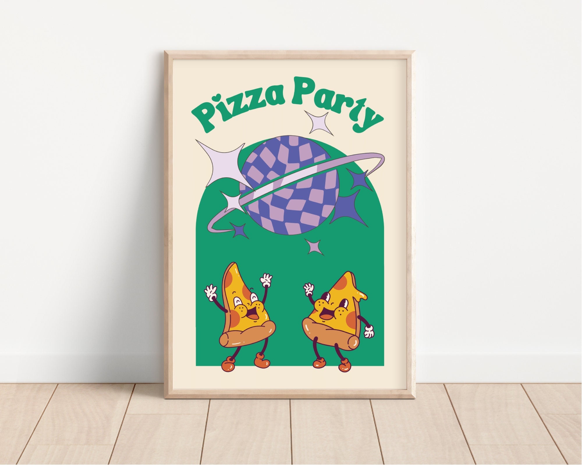 Cartoon Pizza Print, Pizza Party Wall Art, Retro Cartoon Poster, Kitchen Decor