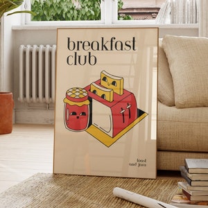 Uroczy plakat retro tosty i dżem, wystrój kuchni Bed and Breakfast, kreskówka francuskie jedzenie proste cyfrowe pobieranie wydruku