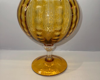 Vintage Amber Empoli Large Glass Snifter Bowl Vase Hand Blown Ribbed Optic Design 10” Italy