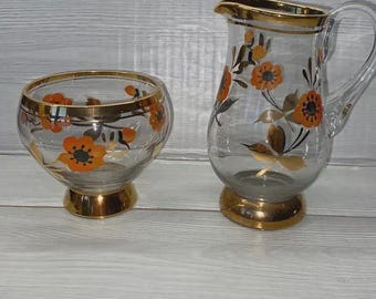 Vintage Hand Painted Romanian Glass Milk Jug & Sugar Bowl Gold And Orange Poppies