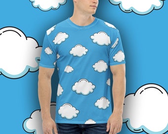 Bright New Day shirt - Men's crew neck tee with all-over blue sky and clouds print - Sizes XS - 2XL