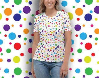 T-shirt à pois - T-shirt ras du cou pour femme avec imprimé à pois colorés all-over - Tailles XS - 2XL