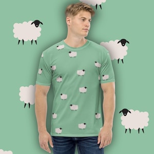 カウンティング シープ シャツ - 羊の模様が全面にプリントされたメンズ クルーネック T シャツ - サイズ XS - 2XL