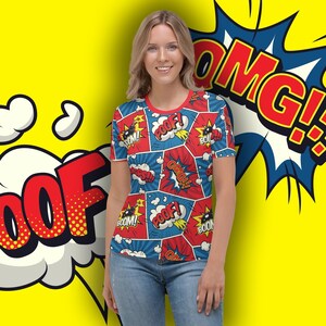 OMG! Koszulka z komiksem - Damska koszulka z okrągłym dekoltem i nadrukiem komiksowych dymków na całej powierzchni - Rozmiary XS - 2XL