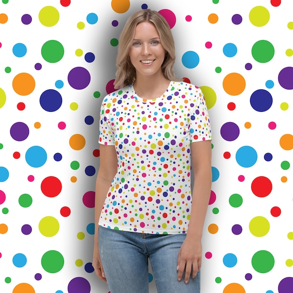 T-shirt à pois - T-shirt ras du cou pour femme avec imprimé à pois colorés all-over - Tailles XS - 2XL