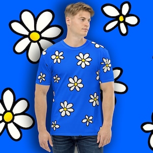 Camiseta Flower Bomb - Camiseta de cuello redondo para hombre con grandes flores blancas por todas partes - Tallas XS - 2XL