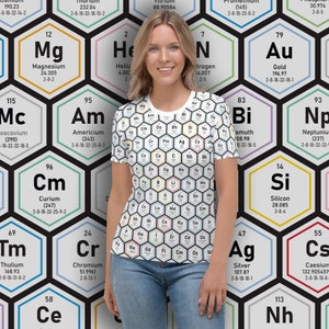 Science-T-shirt: dames-T-shirt met ronde hals en all-over grafiek met scheikundige elementen, maten XS - 2XL