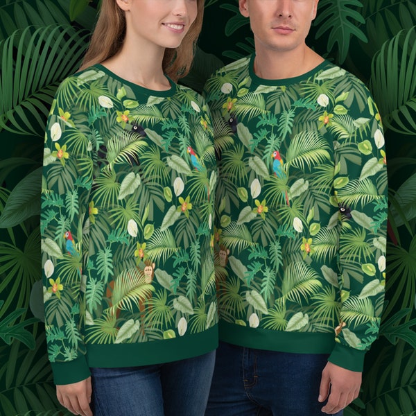 Jungle Sweater - Unisex Recycled Sweatshirt with all-over tropical rainforest print - Sizes XS - 3XL