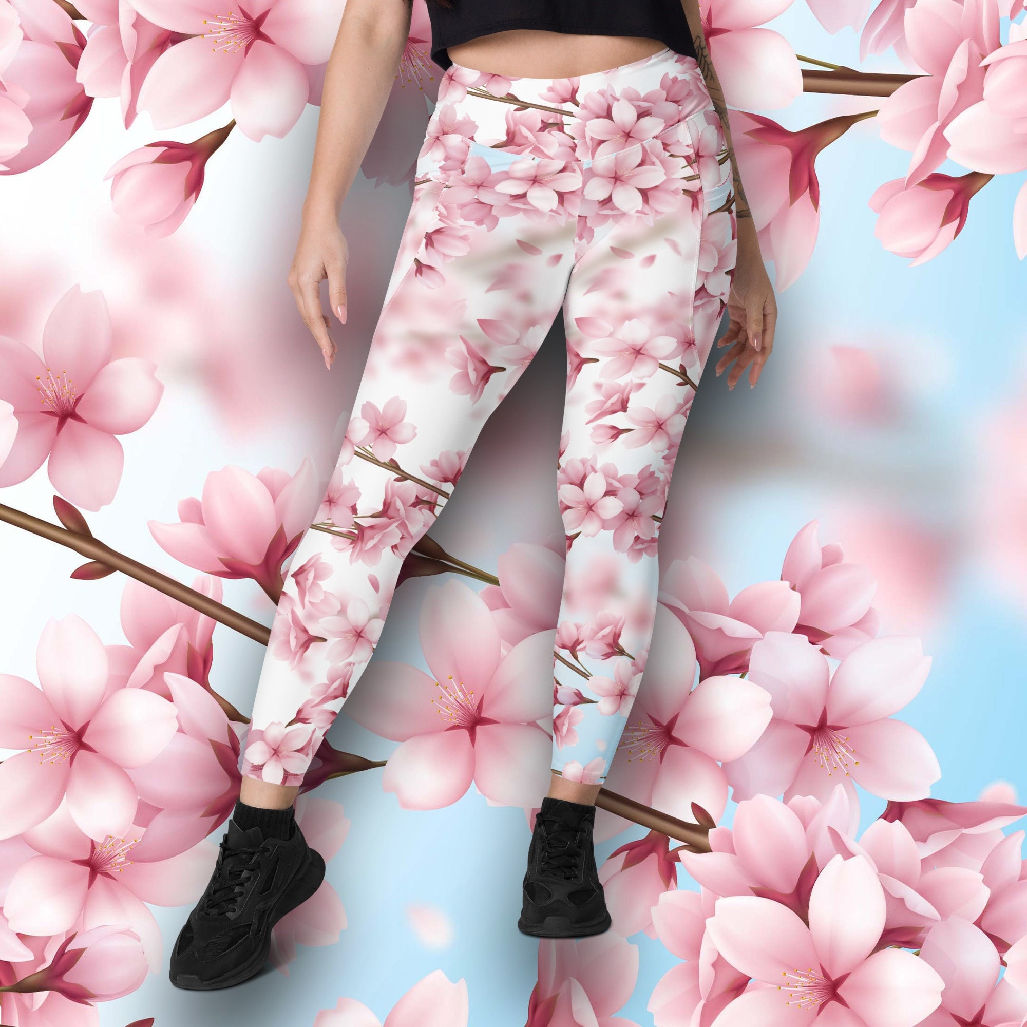 Cherry Blossom Recycled Leggings With Pockets All-over Cherry Blossoms Print  Leggings Sizes 2XS 6XL 
