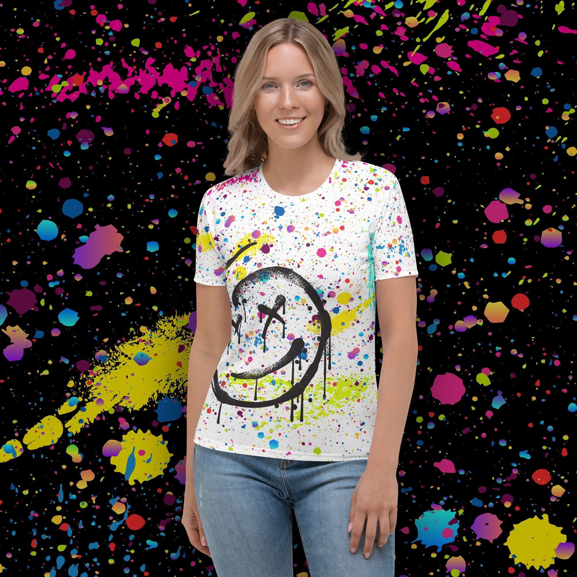 Graffiti T-shirt - Women's Crew Neck Tee With All-over Paint