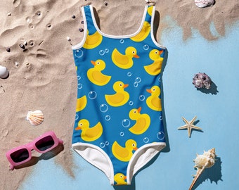 Rubber Duckies Girls Swimsuit - One-Piece Kids Blue Bathing Suit with all-over yellow rubber ducks print - Sizes 2T - 7