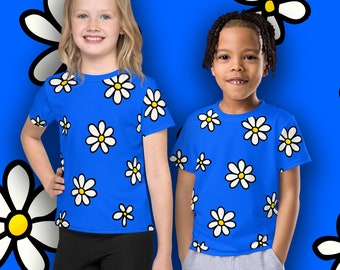 Flowers t-shirt - Kids crew neck t-shirt - Child unisex all-over big white flowers - Sizes 2T - 7