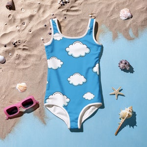 Bright New Day Girls Swimsuit - One-Piece Kids Bathing Suit with all-over blue sky and clouds print - Sizes 2T - 7