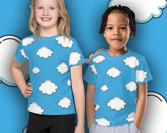 Bright New Day shirt - Kids crew neck t-shirt - Child unisex all-over blue sky and clouds print tee - Sizes 2T - 7