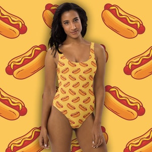 Hot Dog Badeanzug - Einteiliger Badeanzug mit All-Over Hot Dogs Print - Größen XS - 3XL