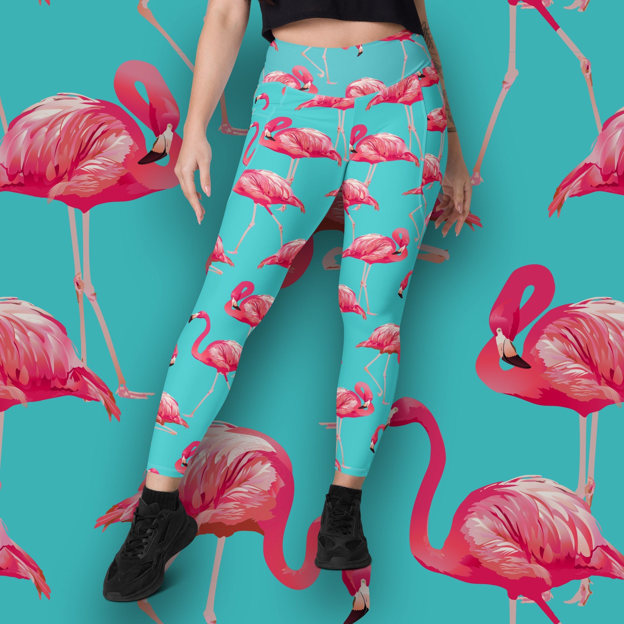 Flamingo Recycled Leggings With Pockets All-over Tropical Pink Flamingo  Pattern Print Leggings Sizes 2XS 6XL 