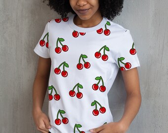 Cherry T-shirt - Women's Crew Neck Tee With All-over Red