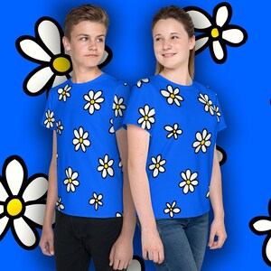 Camiseta Flower Bomb - Camiseta de cuello redondo para adolescentes - Camiseta unisex juvenil con grandes flores blancas por todas partes - Tallas 8 - 20