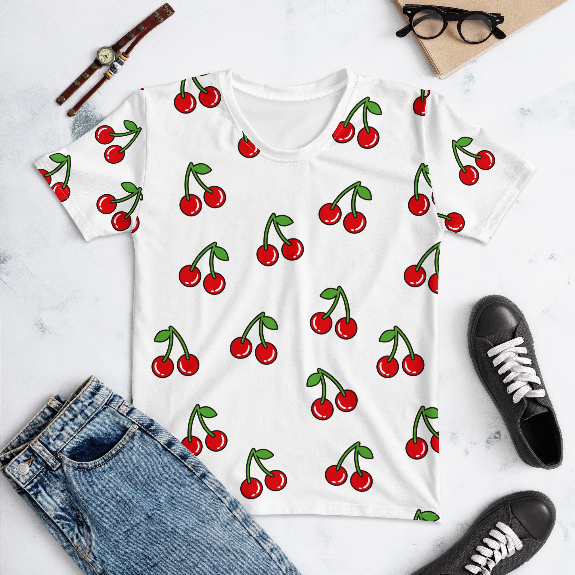 Cherry T-shirt - Women's Crew Neck Tee With All-over Red