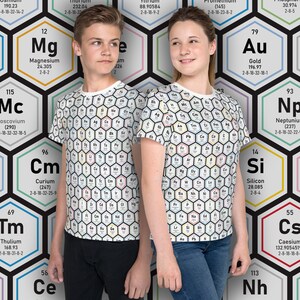 T-shirt Wetenschap - T-shirt voor tieners met ronde hals - Uniseks T-shirt voor jongeren met all-over grafiekprint met scheikundige elementen - Maten 8 - 20