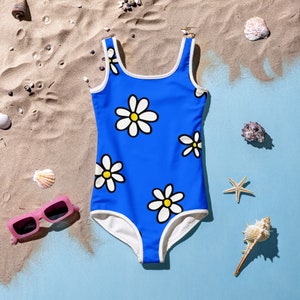 Traje de baño para niñas Flower Bomb: traje de baño de una pieza azul para niñas con flores estampadas grandes por todas partes, tallas 2T - 7