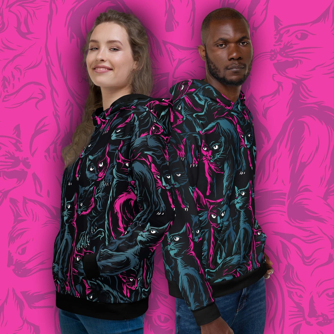 Black Cat Knit Print Women's Zip Up Hoodie