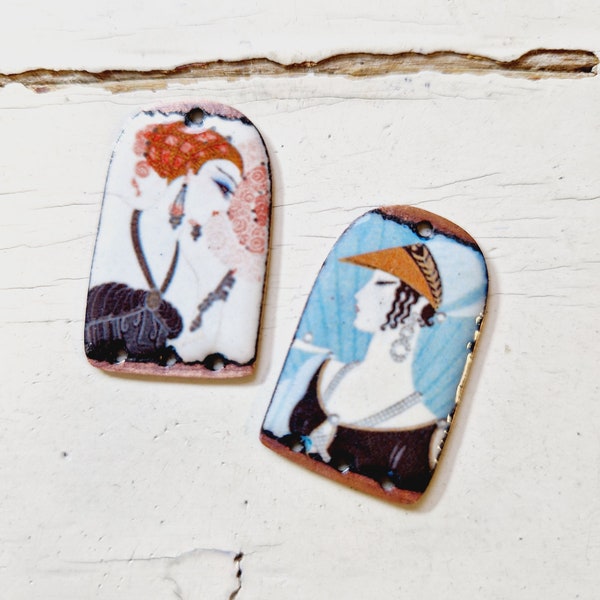 Set of 2 rustic artisanal enamel on copper earring charms. Vintage style Art Nouveau ladies charms. Jewelry components.