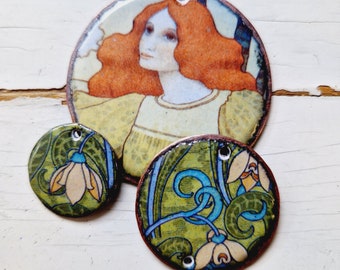 Artisan enamel on copper pendant set of 3 pieces. Art nouvea lady and flowers illustration. Jewelry components.