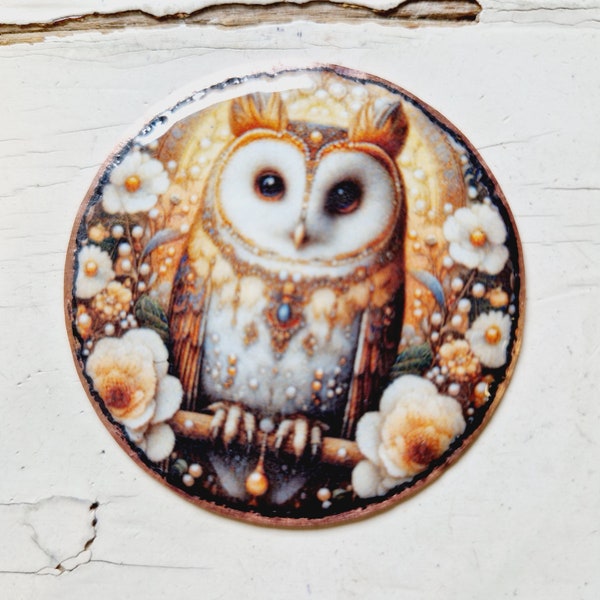 Large enamel on copper round cabochon. Cabochon for bead Embroidery. Owl illustration.