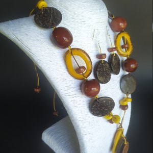 collar de mujer hecho a mano en nuez de tagua + pendiente, collar de marfil vegetal, magnífico regalo, joyería orgánica