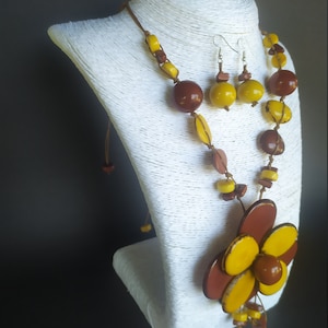 collar de mujer hecho a mano en nuez de tagua + pendiente, collar de marfil vegetal, magnífico regalo, joyería orgánica