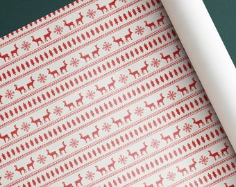 Hygge Reindeer Giftwrap, Thick Gloss Red Wrapping Paper, Xmas Wrapping Paper, Fun Holiday Wrap, Modern Christmas Wrapping Paper