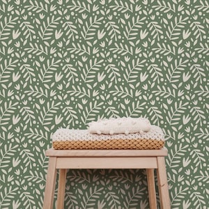 Green Abstract Floral Wallpaper in Peel and Stick Removable Wallpaper or Pre-pasted Wallpaper, Fun Botanical Wallpaper, Nursery Wallpaper