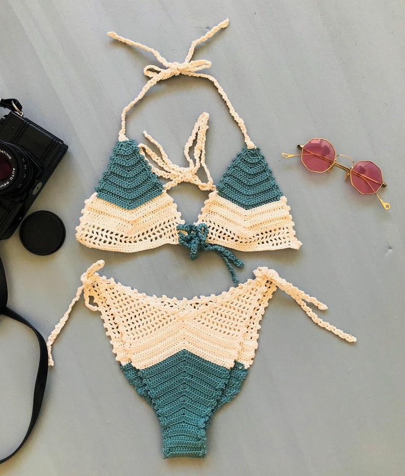 Crochet Bikini in Off White And Turquoise | Handmade Bikini | Crochet Bikini Set | Knit Beach Wear | Woman Swimwear | Brazilian Bikini Model 