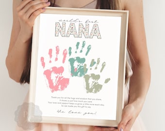May include: A white printable sign with the text "world's best NANA" in pink and green floral letters. The sign also features two handprints in pink and green paint and the text "Thank you for all the hugs and wisdom that you share, It shows us just how much you care. Your love and support helps us grow a little more each day, So we made you this gift to say We love you!"
